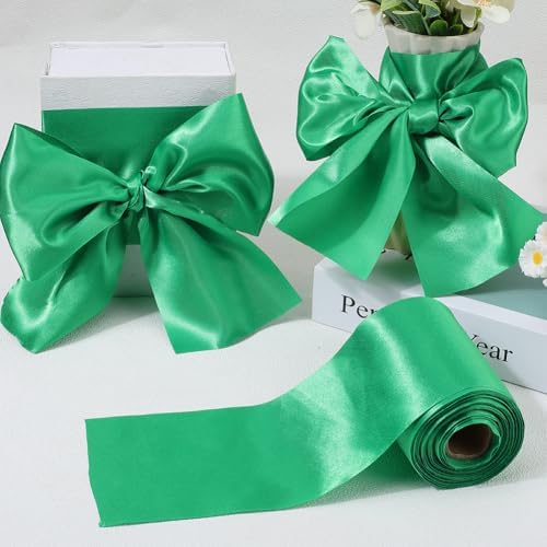 Extra Wide 4 Inch Green Polyester Satin Ribbon for Crafts and Sewing