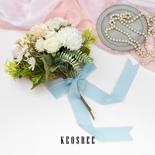 3 Rolls Light Blue Chiffon Ribbon with Fringe for Crafting and Wedding
