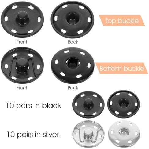 1 Inch Snaps for Fabric - 20 Sets Black and Silver