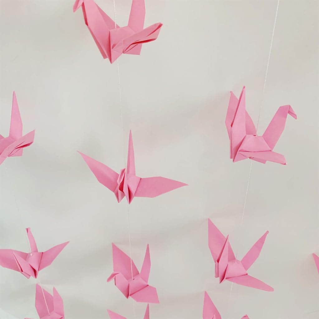 YMASELA Large Pink Origami Crane Hanging Garland 53ft X4 Strings