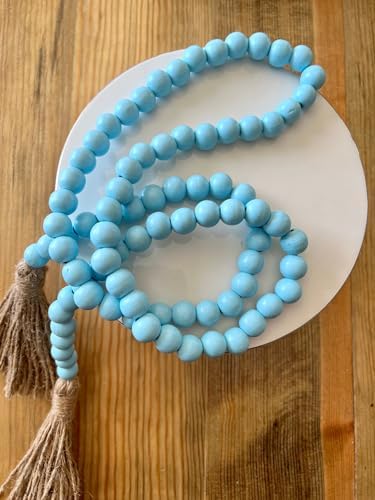Farmhouse Wood Beads Garland with Blue Tassels 58 Inches