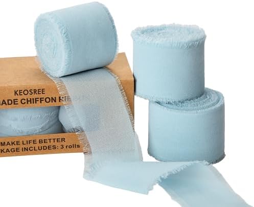 3 Rolls Light Blue Chiffon Ribbon with Fringe for Crafting and Wedding