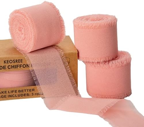 3 Rolls Blush Pink Chiffon Ribbon with Frayed Fringe