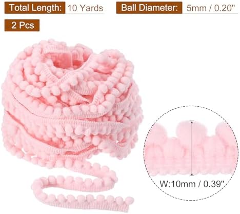 Uxcell 2Pcs 10 Yards Pom Pom Fringe Trim 5mm Pink