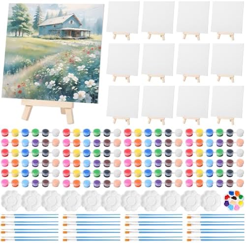 Qilery 12 Set Acrylic Paint Kit Mini Canvas with Easel and Brushes
