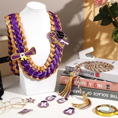 JUNEBRUSHS Graduation Leis 2025 Gold Purple Ribbon Set