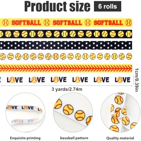 6 Rolls Baseball Ribbons for Sports Events and Gift Wrapping