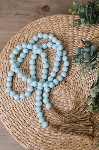 Farmhouse Wood Beads Garland with Blue Tassels 58 Inches