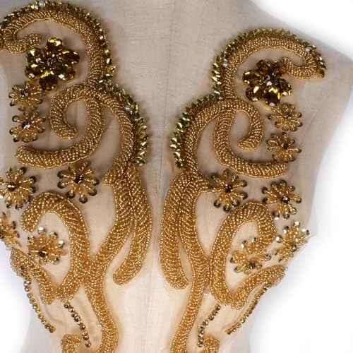 Gold Shiny Beaded Rhinestone Applique Patch for Sew on
