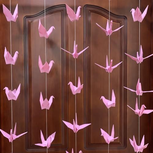 YMASELA Large Pink Origami Crane Hanging Garland 53ft X4 Strings