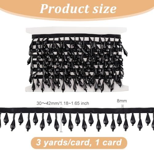OLYCRAFT Black Beaded Fringe Trim 3 Yards for Wedding DIY Crafts