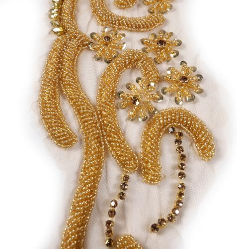 Gold Shiny Beaded Rhinestone Applique Patch for Sew on