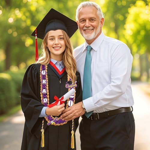 JUNEBRUSHS Graduation Leis 2025 Gold Purple Ribbon Set