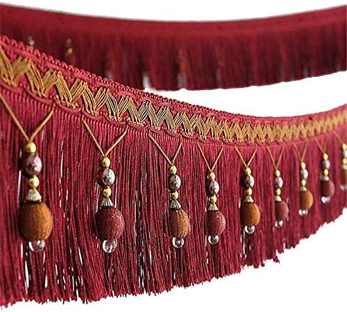 Yalulu Dark Red Braided Beads Fringe Trim Ribbon