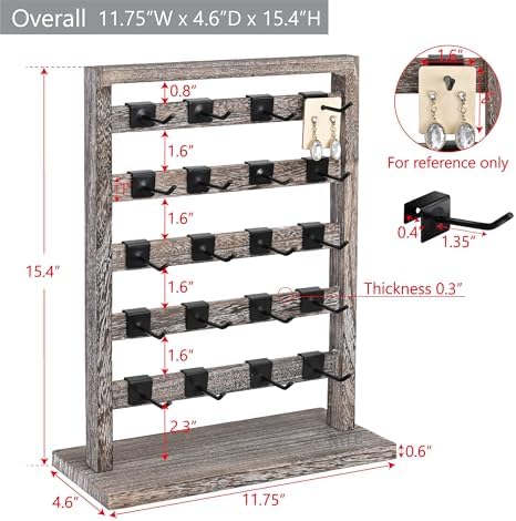 Ikee Design 5 Tiers Wooden Jewelry Display Rack with 20 Removable Metal Hooks
