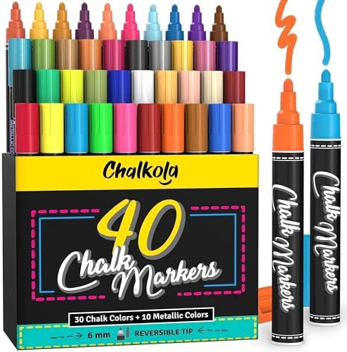 Chalkola Chalk Markers 40 Pack Neon Pastel Metallic 6mm Tips