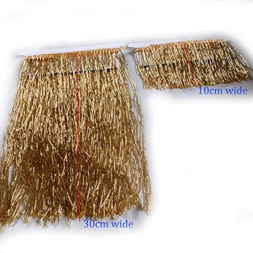 12 Inches Gold Luxury Glass Beaded Lace Trim with Tassel Fringe