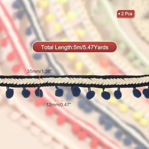 PATIKIL 11Yards Embroidered Pompom Trim Ribbon Dark Blue 2 Rolls