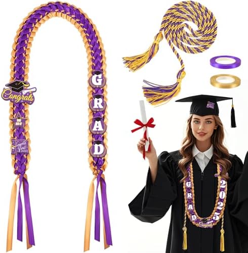 JUNEBRUSHS Graduation Leis 2025 Gold Purple Ribbon Set