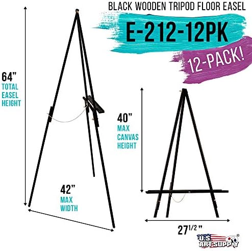 US Art Supply 64 Inch Black Wooden Easel Stand 12 Pack