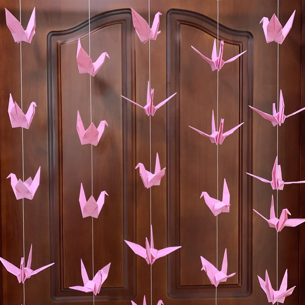 YMASELA Large Pink Origami Crane Hanging Garland 53ft X4 Strings