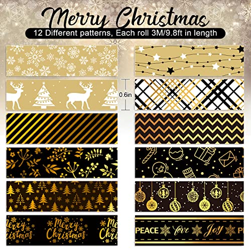 Whaline 12 Rolls Christmas Washi Tape Black Gold