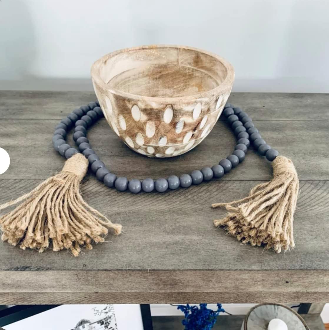 Farmhouse Wood Beads Garland with Tassels 58 Inches Grey