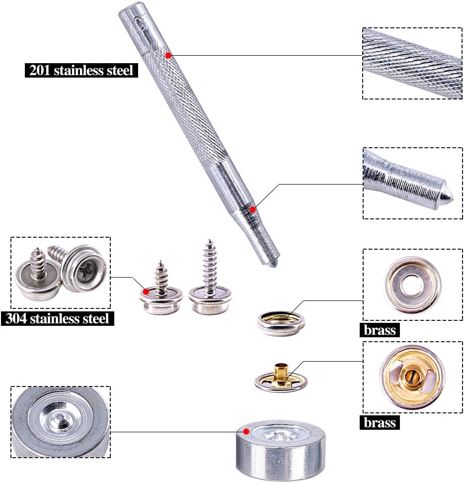 Glarks 120-Pieces Marine Grade Snap Fastener Kit with Setting Tool - Silver