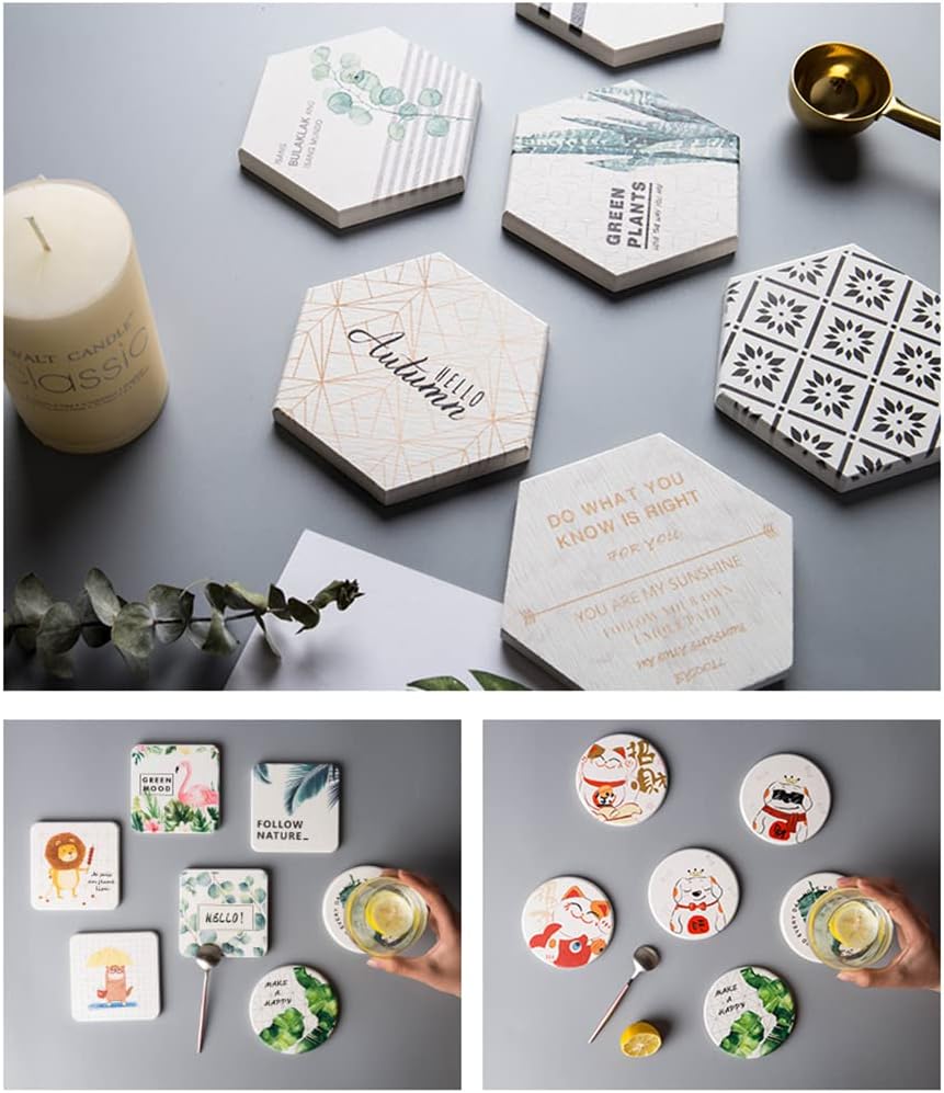 HooAMI Sublimation Coasters 6pcs Hexagon Ceramic with Cork Backing Pads