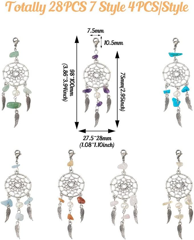 KISSITTY 28pcs Dream Catcher Charms with Gemstone and Pearl Beads