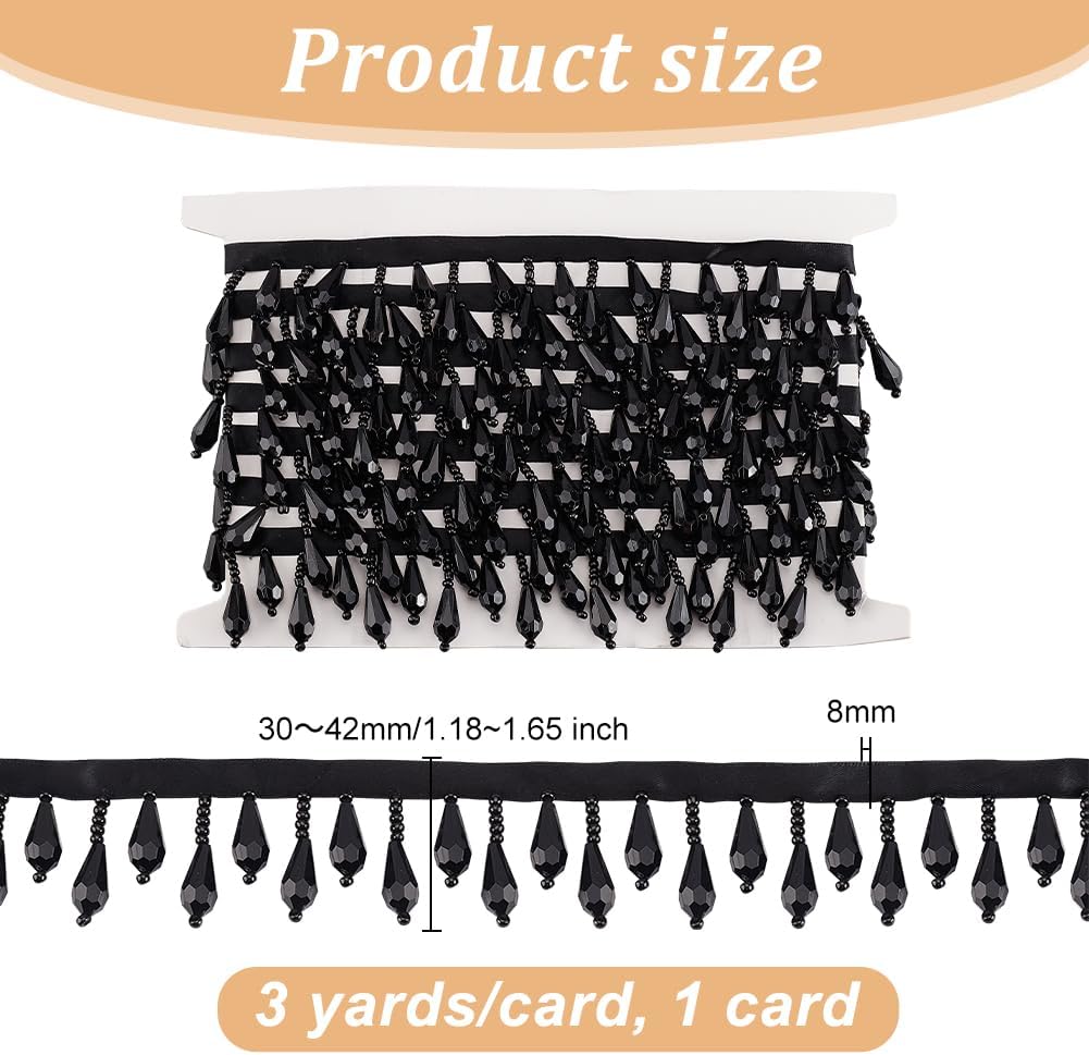 OLYCRAFT Black Beaded Fringe Trim 3 Yards for Wedding DIY Crafts
