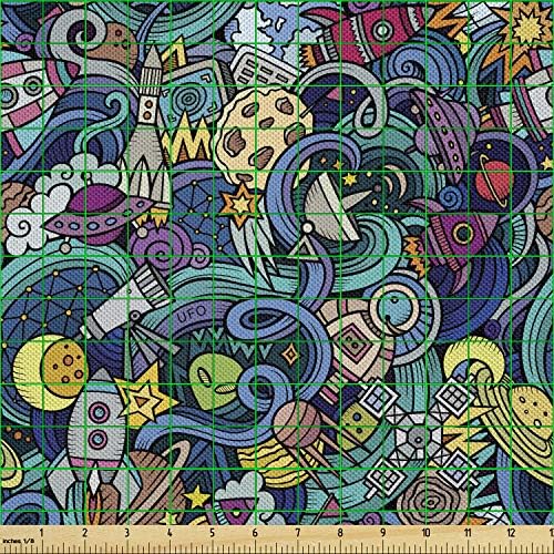 Ambesonne Space Fabric by the Yard with Swirl Waves and Asteroids Design
