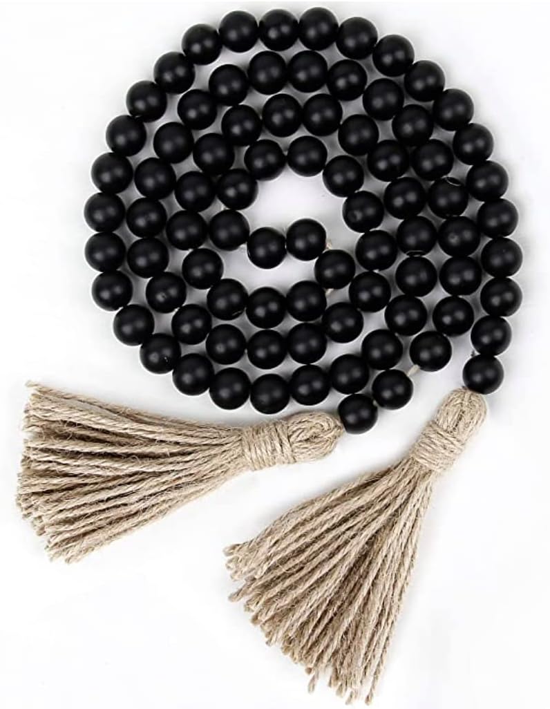 Farmhouse Wood Beads Garland with Tassels Black