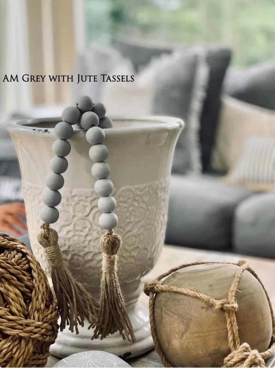 Farmhouse Wood Beads Garland with Tassels 58 Inches Grey