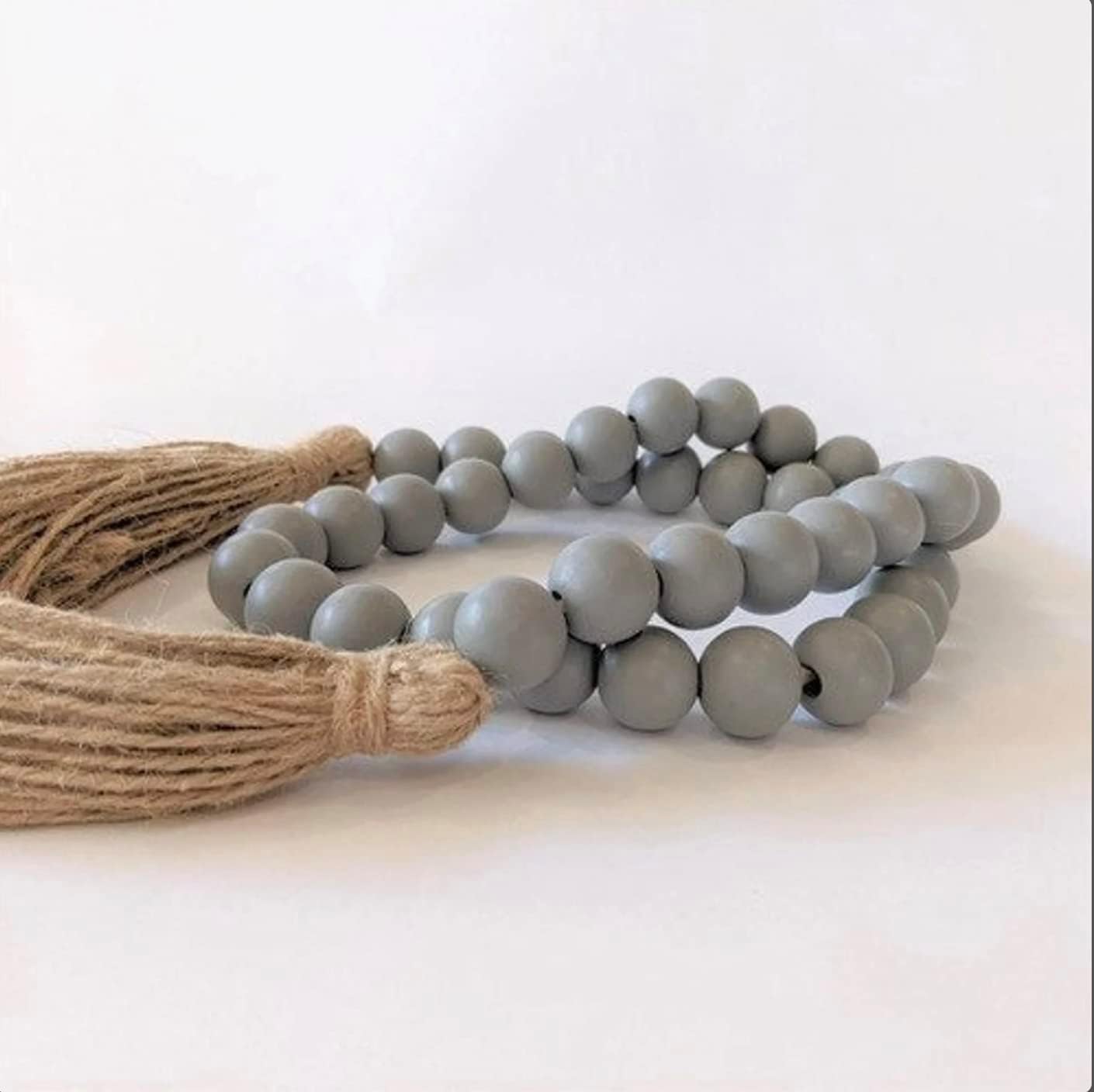 Farmhouse Wood Beads Garland with Tassels 58 Inches Grey