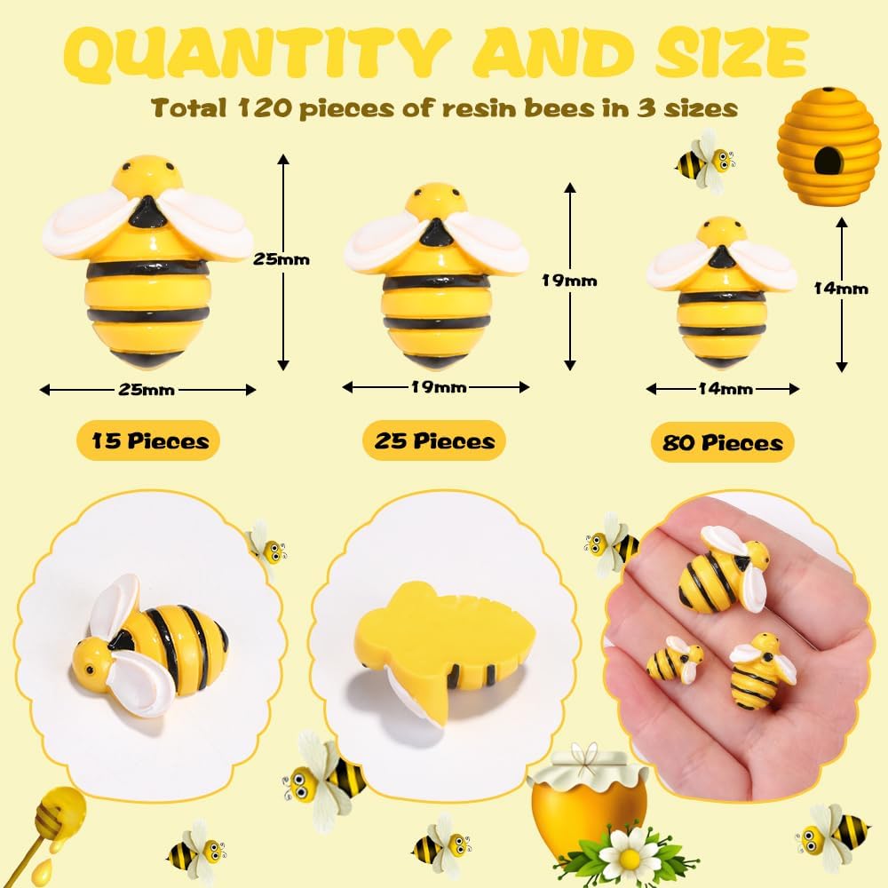 120Pcs Bumble Bee Decor Resin Charms for DIY Crafts