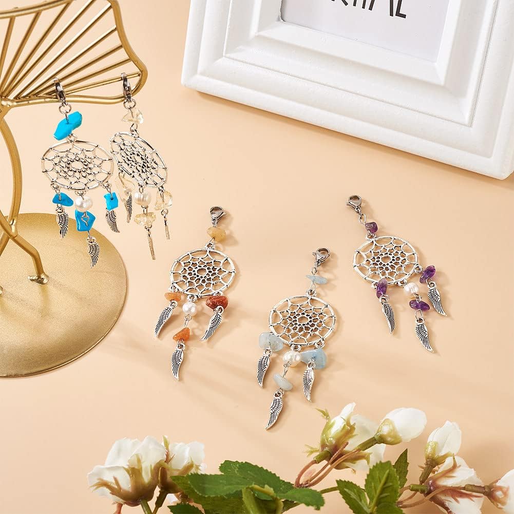 KISSITTY 28pcs Dream Catcher Charms with Gemstone and Pearl Beads
