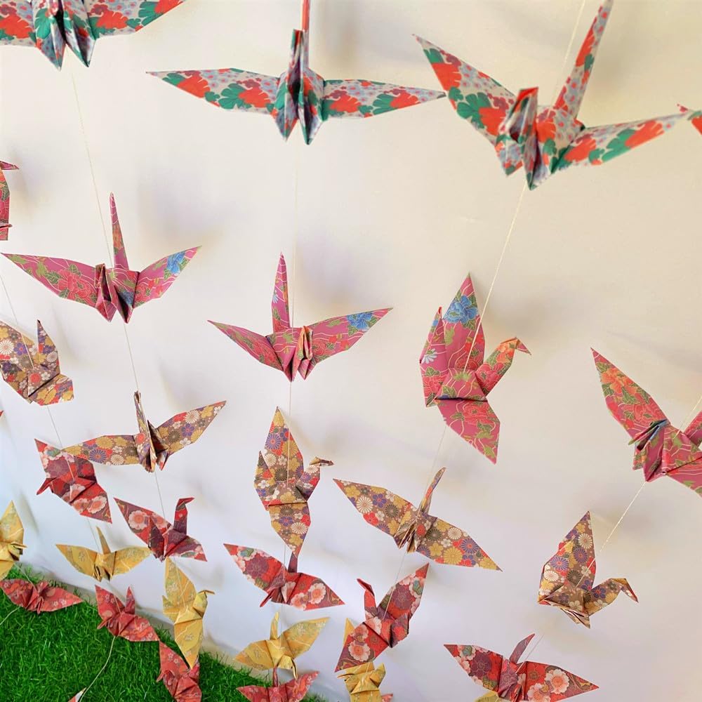 Japanese Washi Paper Crane Garlands 4 Strings x 43ft Mixed Patterns