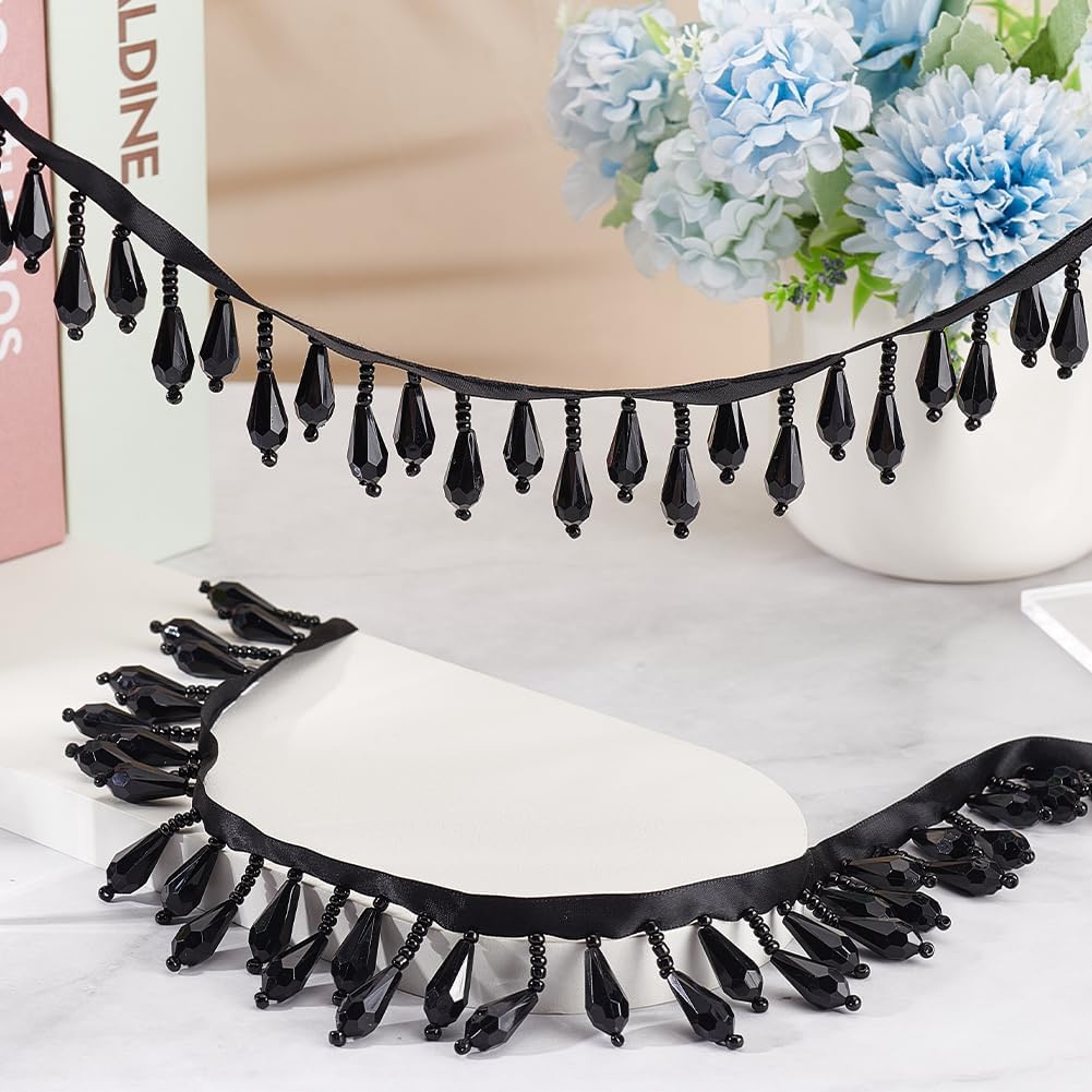 OLYCRAFT Black Beaded Fringe Trim 3 Yards for Wedding DIY Crafts