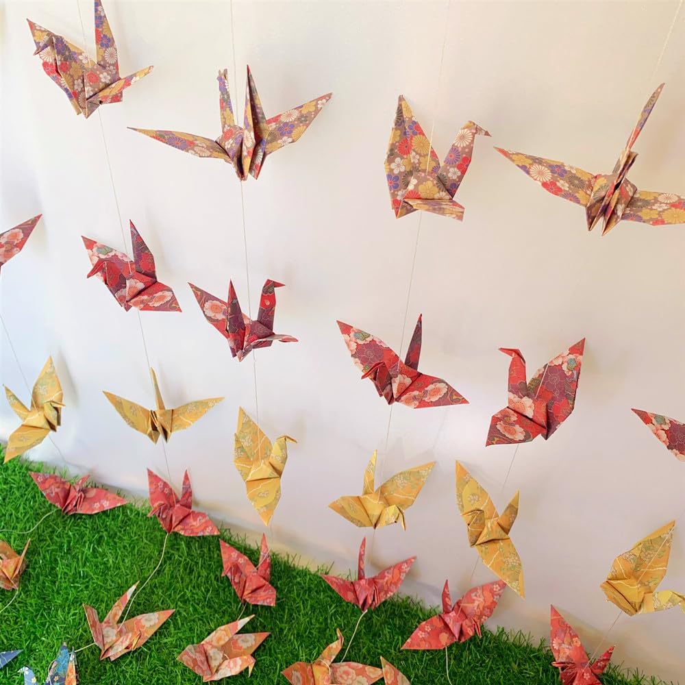 Japanese Washi Paper Crane Garlands 4 Strings x 43ft Mixed Patterns