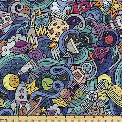 Ambesonne Space Fabric by the Yard Abstract Cartoon Astronomical Decor