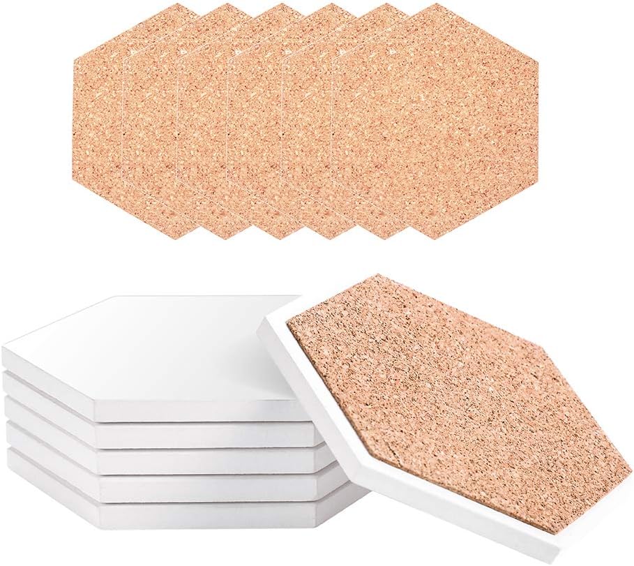 HooAMI Sublimation Coasters 6pcs Hexagon Ceramic with Cork Backing Pads