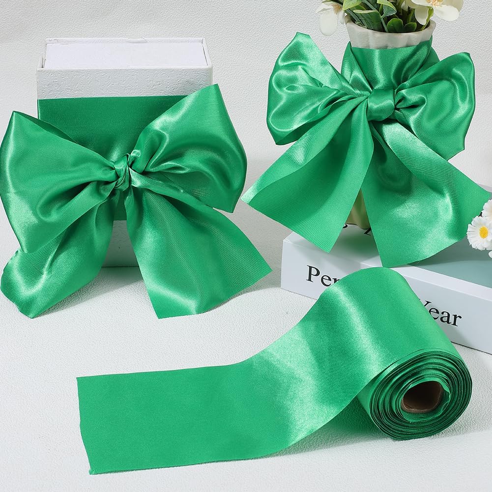 Extra Wide 4 Inch Green Polyester Satin Ribbon for Crafts and Sewing
