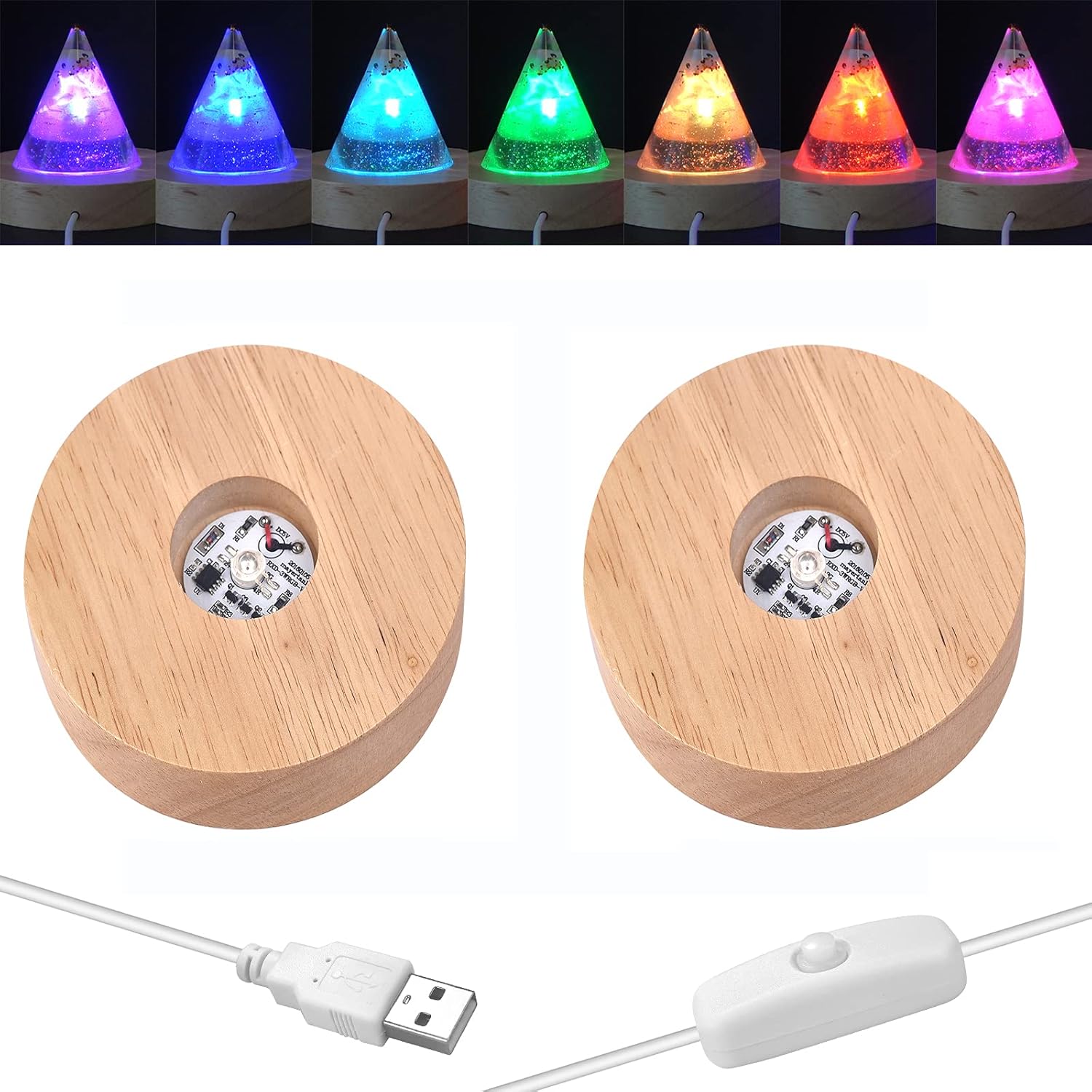 YAKAMOZ 2Pcs Round Wooden LED Light Display Base