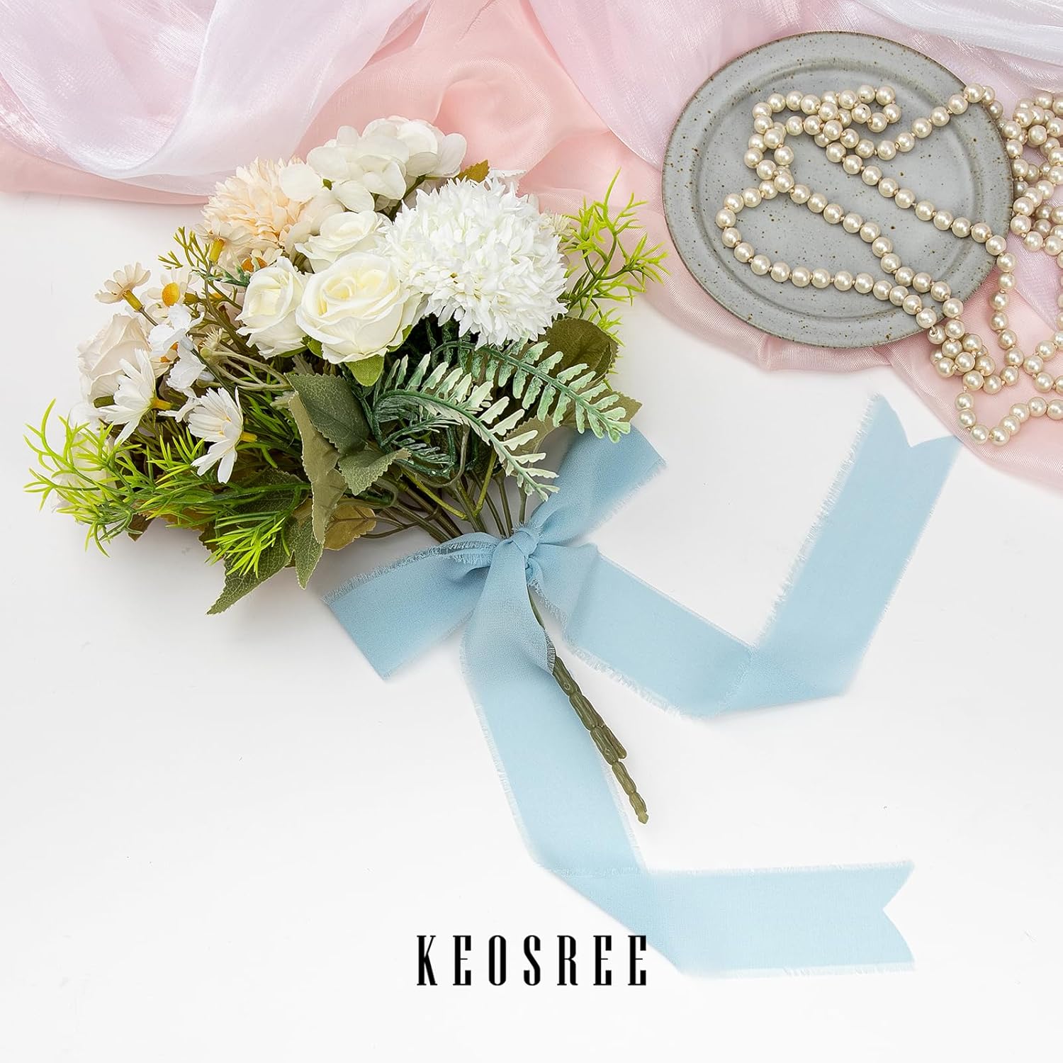 3 Rolls Light Blue Chiffon Ribbon with Fringe for Crafting and Wedding