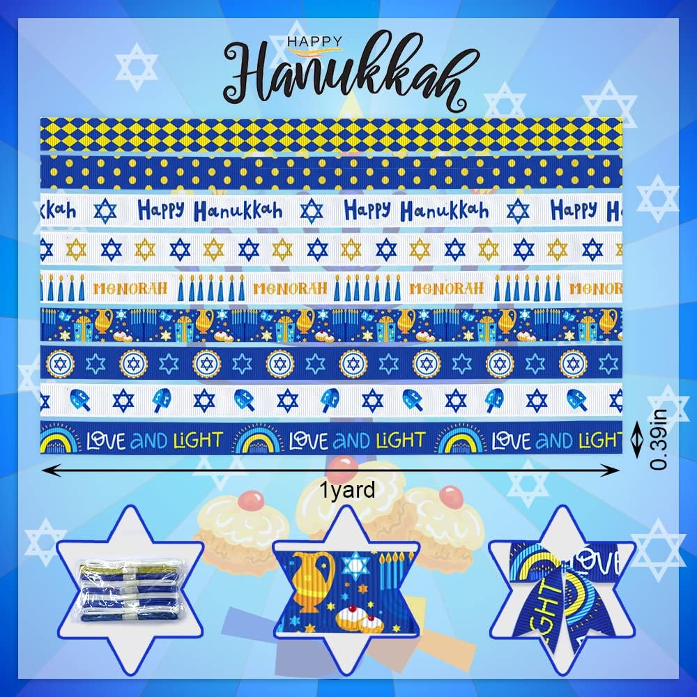 9 Piece Hanukkah Grosgrain Ribbons 38 Chanukah Blue White Decor