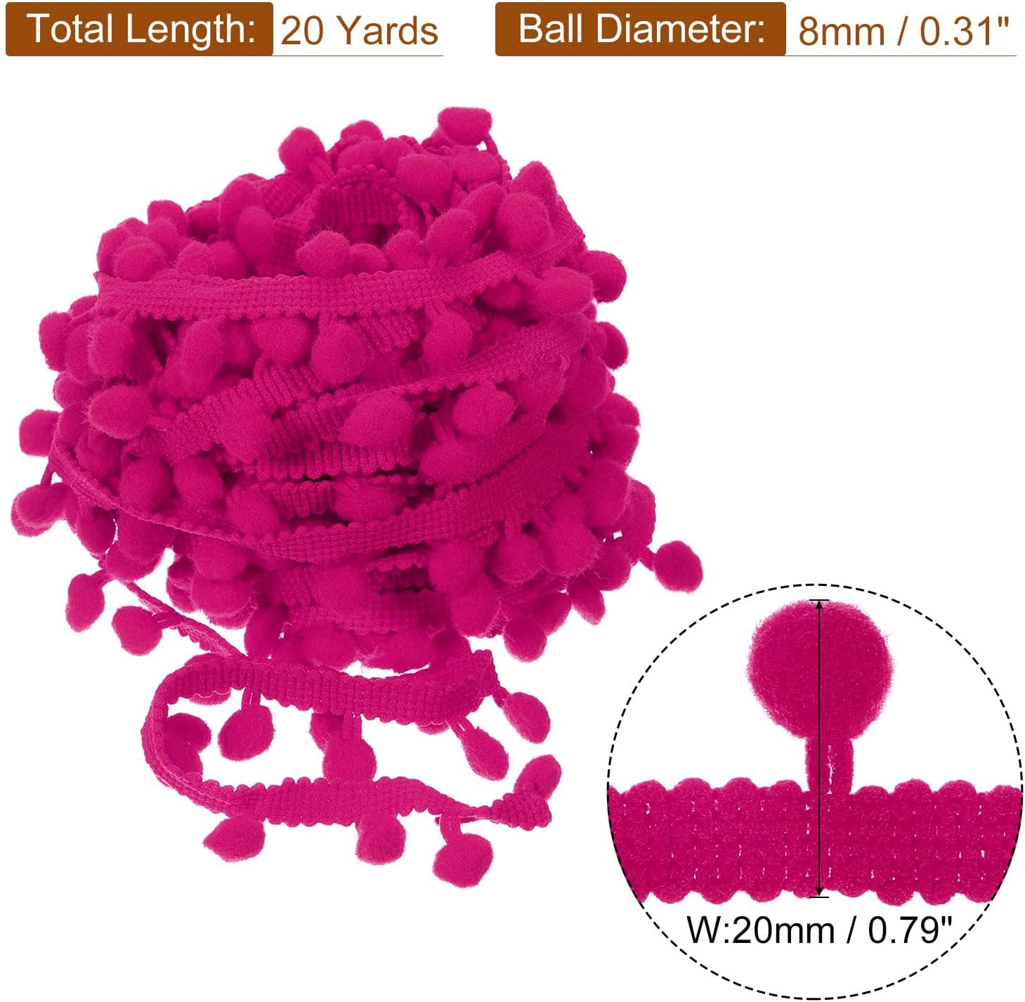 Uxcell Pom Pom Fringe Trim 20 Yards 8mm Fuchsia