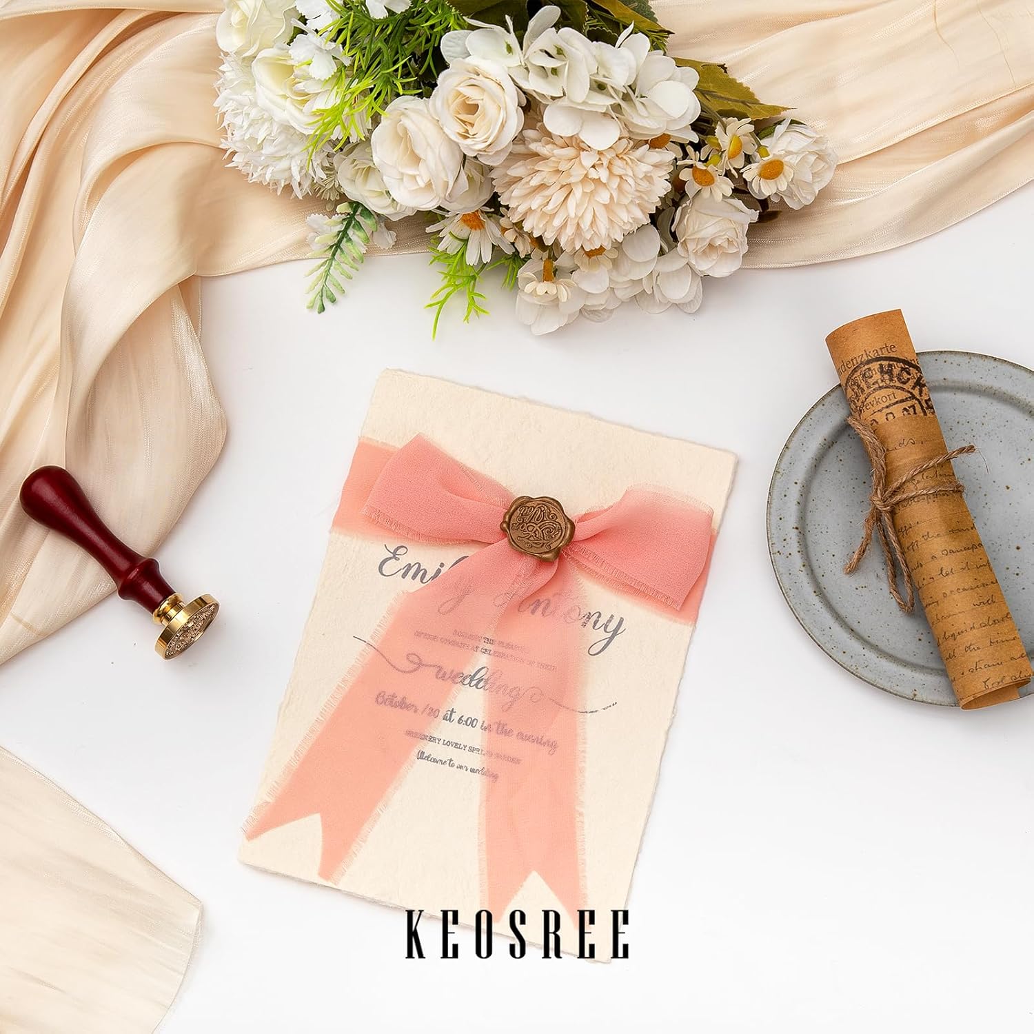 3 Rolls Blush Pink Chiffon Ribbon with Frayed Fringe