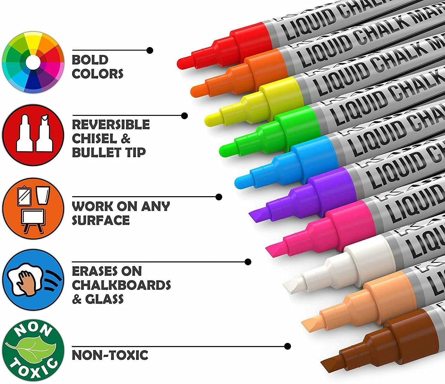 Kassa 10-Pack Neon Chalk Markers with Reversible Tips