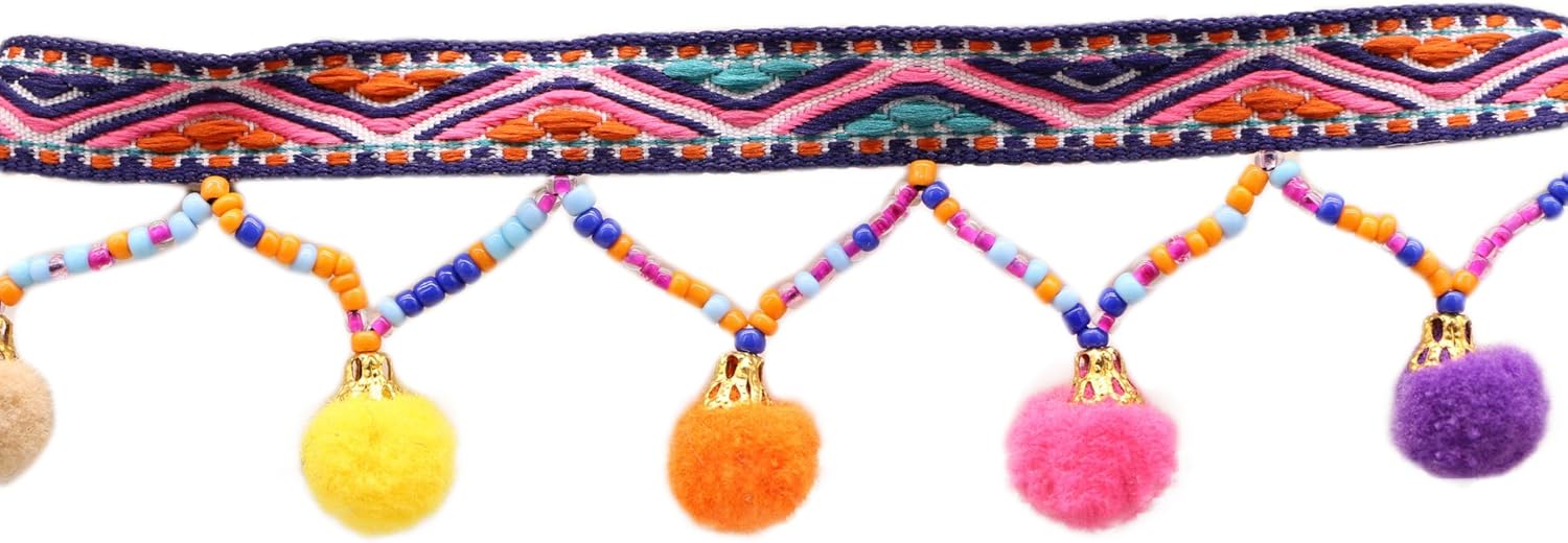 Yalulu 5 Yard Black Retro Rainbow Pom Pom Fringe Trim Ribbon